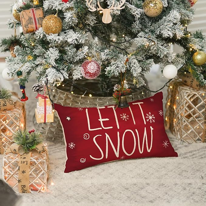 AVOIN colorlife Merry Christmas Snowman Let It Snow Throw Pillow Covers, 12 x 20 Inch Xmas Tree Winter Holiday Cushion Case Decoration for Sofa Couch Set of 4
