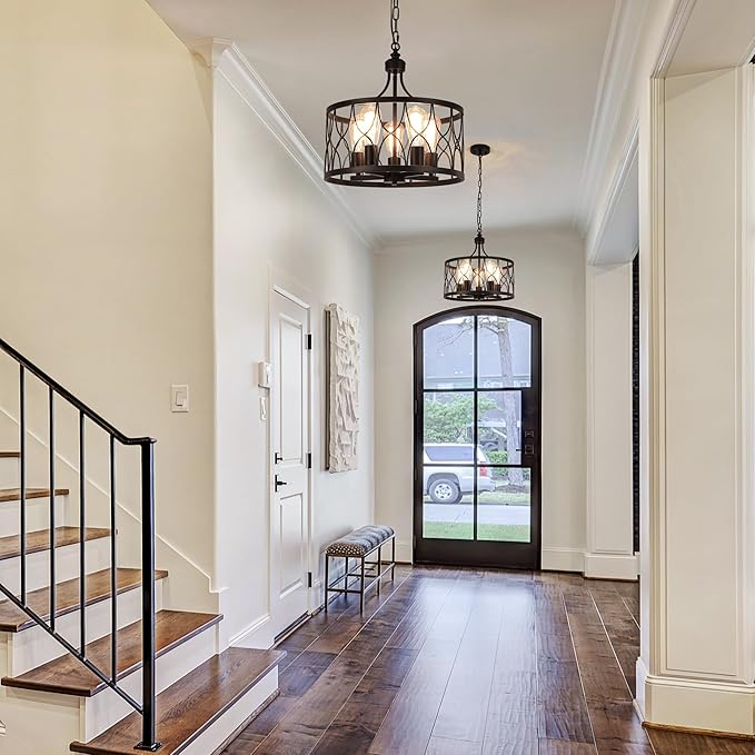 Black 15.74" Farmhouse Ceiling Light Fixture, Hight Adjustable, 5-Light Modern Industrial Metal Cage Pendant Lighting for Kitchen Island Dining Room Living Room and Entryway