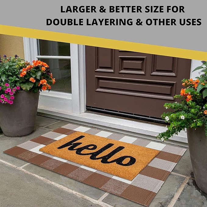 KOZYFLY Buffalo Plaid Area Rugs 2x3 Ft Coffee and White Checkered Rug Washable Front Door Mat Hand Woven Cotton Outdoor Rug Small Rug for Front Porch Kitchen Entryway Patio Bathroom