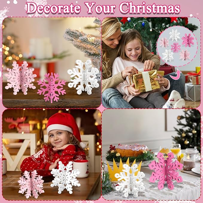 OuMuaMua 6 Set Snowflake Christmas Table Decorations - 12pcs Pink White Wooden 3D Snowflake Decor Tabletop Centerpiece for Christmas Party Supplies Home Decor