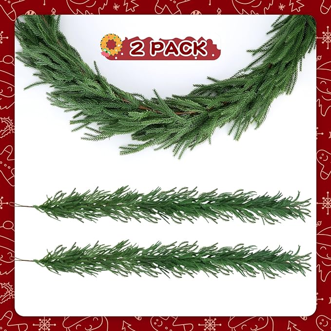 Artificial Norfolk Pine Garlands,Real Touch Artificial Greenery Garland for Table, Mantle, Wall,Indoor Outdoor Holiday Winter Christmas Decorations (2, 6FT)