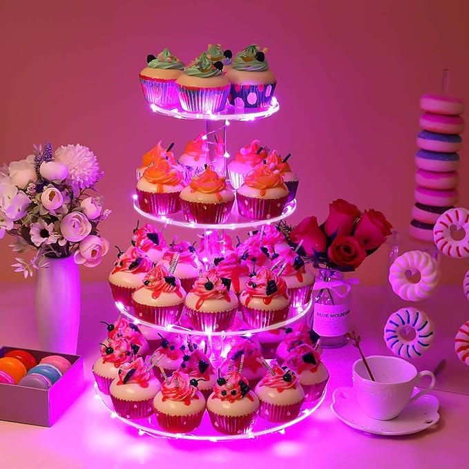 YestBuy 4 Tier Round Cupcake Stand – Premium Cupcake Holder – Acrylic Cupcake Tower Display – Acrylic Display for Pastry + LED Light String – Ideal for Weddings, Birthday Parties & Events (Pink)