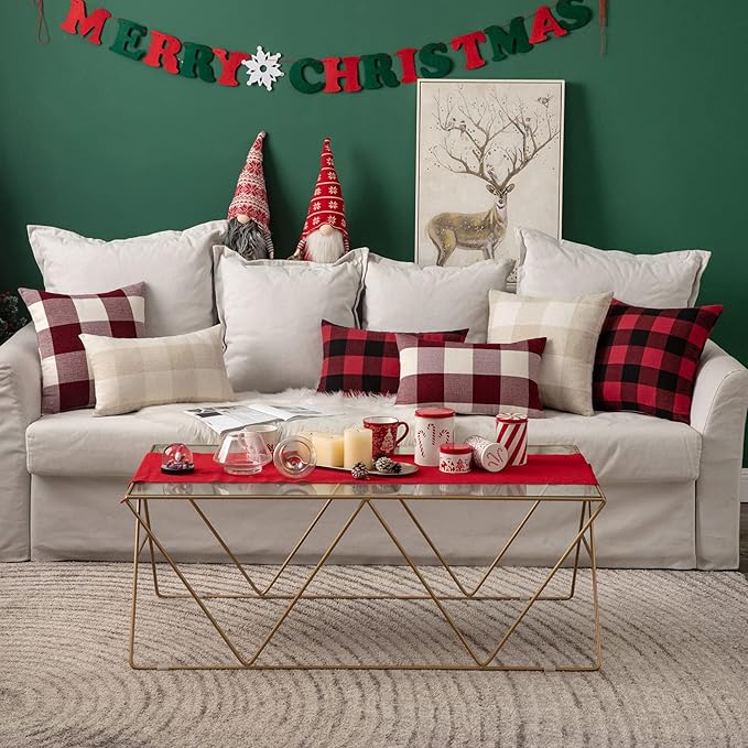MIULEE Pack of 2 Farmhouse Checkers Buffalo Plaids Polyester Linen Soft Soild Square Throw Pillow Covers Home Decor Outdoor Cushion Case for Sofa Bedroom Outdoor 20 x 20 Inch Red and White