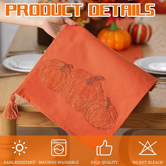 Breling Thanksgiving Pumpkin Table Runner Jacquard Fall Pumpkin Thanksgiving Dinner Table Runner Autumn Harvest Decoration for Kitchen Dining Home Dinner Party 13x72 Inch(Rust)