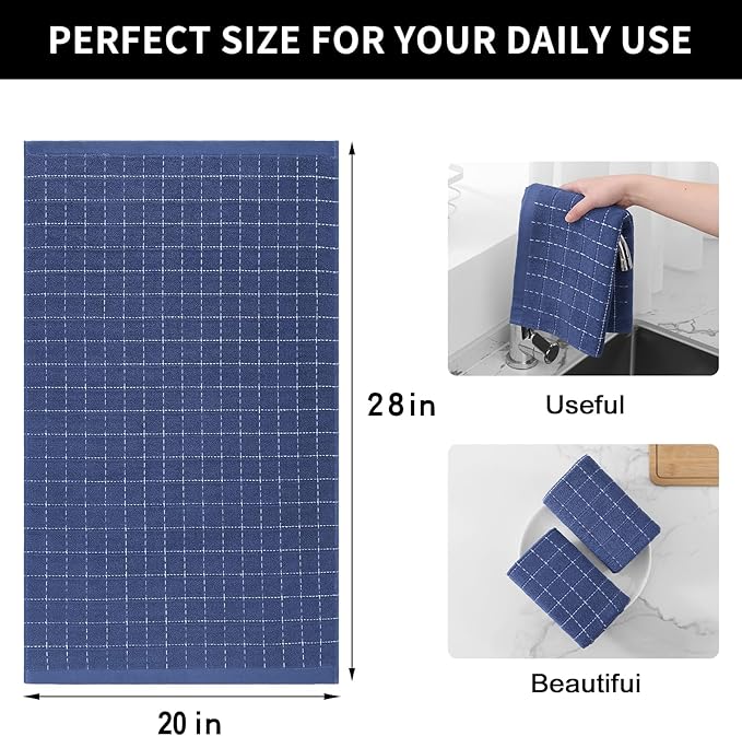 Homaxy 100% Cotton Terry Kitchen Towels(Navy Blue, 20 x 28 inches), Checkered Designed, Soft and Super Absorbent Dish Towels, Large 4 Pack