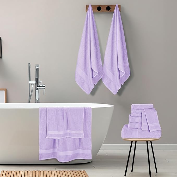 GLAMBURG Ultra Soft 24-Piece Towel Set - 100% Pure Ringspun Cotton, Contains 8 Oversized Bath Towels 27x54, 8 Hand Towels 16x28, 8 Wash Cloths 13x13 - Ideal for Everyday use, Hotel & Spa - Purple