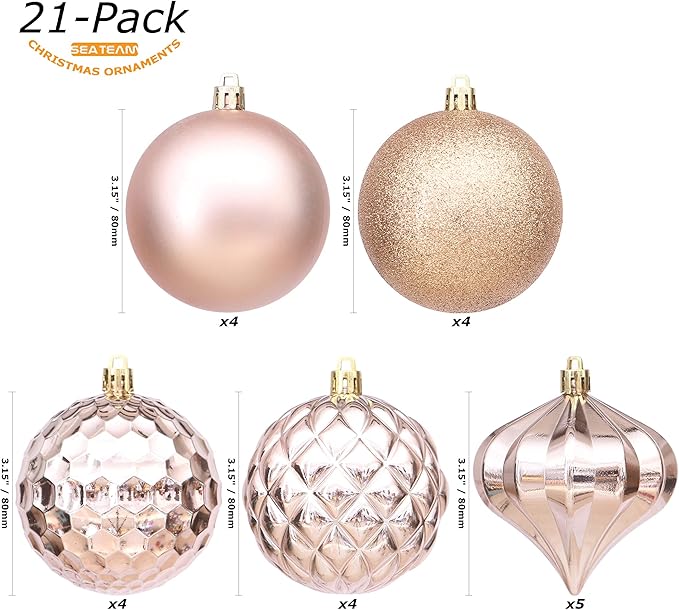 Sea Team 21-Pack Christmas Ball Ornaments with Strings, 80mm/3.15-Inch Large Size Baubles, Shatterproof Plastic Christmas Bulbs, Hanging Decorations for Xmas Tree, Holiday, Wedding, Party, Rose Gold