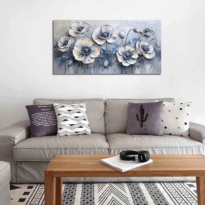 AOZEMI Flower Wall Decor for Bedroom White Canvas Wall Art Blue Wall Picture Artwork for Living Room Office 20" x 40"