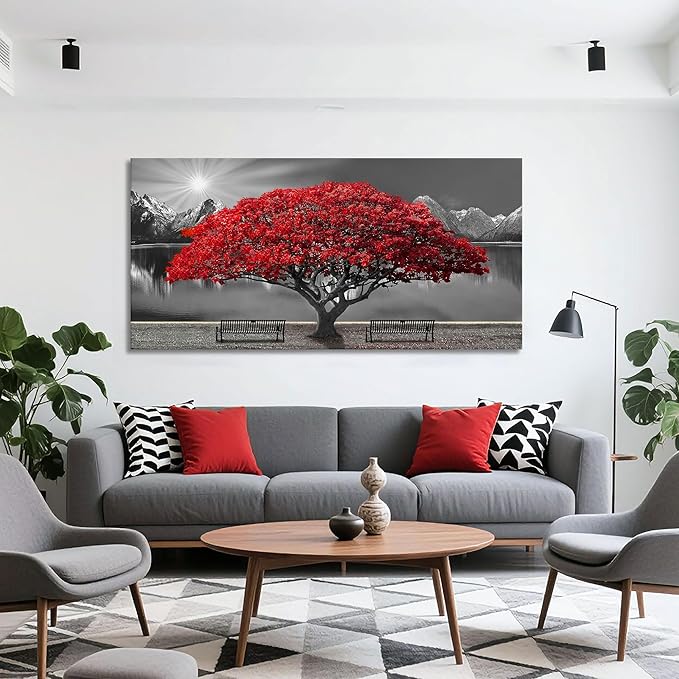 Black and White Red Tree Wall Art Canvas Print Picture Large Red Tree Landscape Modern Artwork for Living Room Bedroom Office Home Wall Decor With Frame 29X58inch