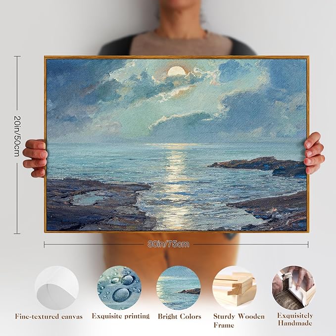 crmotu Vintage Framed Wall Art, Coastal Landscape Canvas Prints, Ocean Sunrise Scenery Room Decorations, Blue Nature Aesthetic Pictures Wall Decor Living Room Bedroom Bathroom, Office Artwork 20x30in