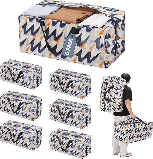 WORKPRO 6 Pack Extra Large Moving Bags with Zippers & Carrying Handles Backpack Straps, Heavy-Duty Storage Tote for Space Saving & Storage, Alternative to Moving Box (W - Alphabet Printing)