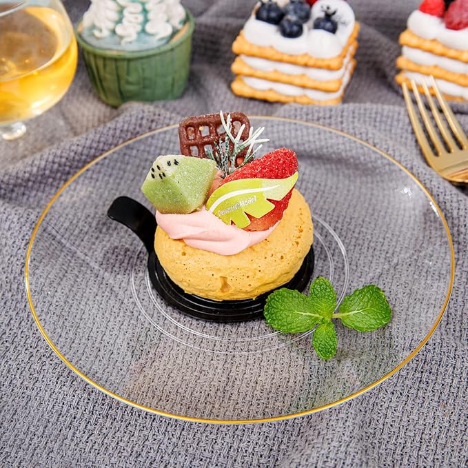 Nervure 100Pieces Clear and Gold Rim Plastic Plates - 7.5inch Disposabl Salad Dessert Plate - Clear and Gold Party Plates Ideal for Wedding & Party & Thanksgiving