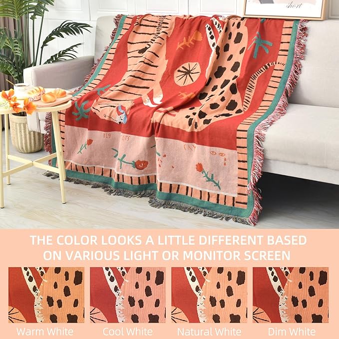 Boho Throw Blanket Reversible Cotton Bohemian Tapestry Hippie Room Decor Outdoor Blanket Double Sided (Boho Leopard 50"x60")