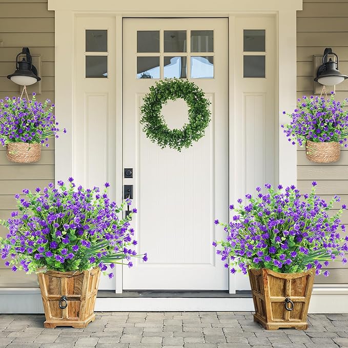 Sggvecsy Artificial Flowers for Outdoors 24 Bundles UV Resistant Boxwood Shrubs Artificial Eucalyptus Fake Plants Faux Plastic Greenery for Farmhouse Garden Home Indoor Outdoor Decoration（Purple）