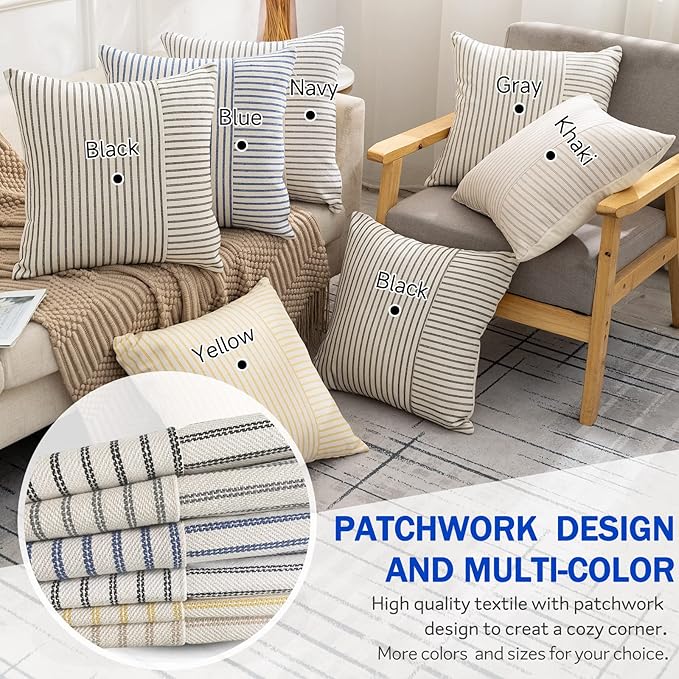Farmhouse Pillow Covers 24x24, Modern Accent Square Throw Pillow Covers Set of 2, Khaki and Beige Striped Patchwork Linen Decorative Pillows Cushion Covers for Couch Chair Bedroom Fall Decorations
