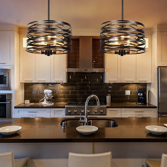 12.6'' Farmhouse Chandeliers for Dining Room, 3-Light Industrial Metal Hanging Light Fixture, Rustic Drum Pendant Light for Entryway Kitchen Foyer Bedroom, Black with Retro Wood Texture Interior