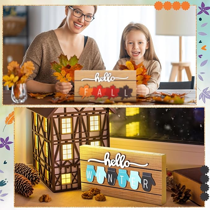 Roowest 5 Pcs Hello Fall Sign Interchangeable Seasonal Sign Spring Summer Winter Tiered Tray Decor 5.9 x 3 Inch Wooden 4 Seasons Farmhouse Table Centerpiece Decoration for Home Shelf Office(Simple)