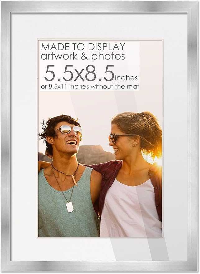 5.5x8.5 Frame Silver Wood with White Mat | 8.5x11 Frame Matted to 5.5x8.5 | Display Your Artwork Under UV Acrylic Shatter Guard Front, with Foam Board Backing and Wall Hanging Hardware - Wood Frame