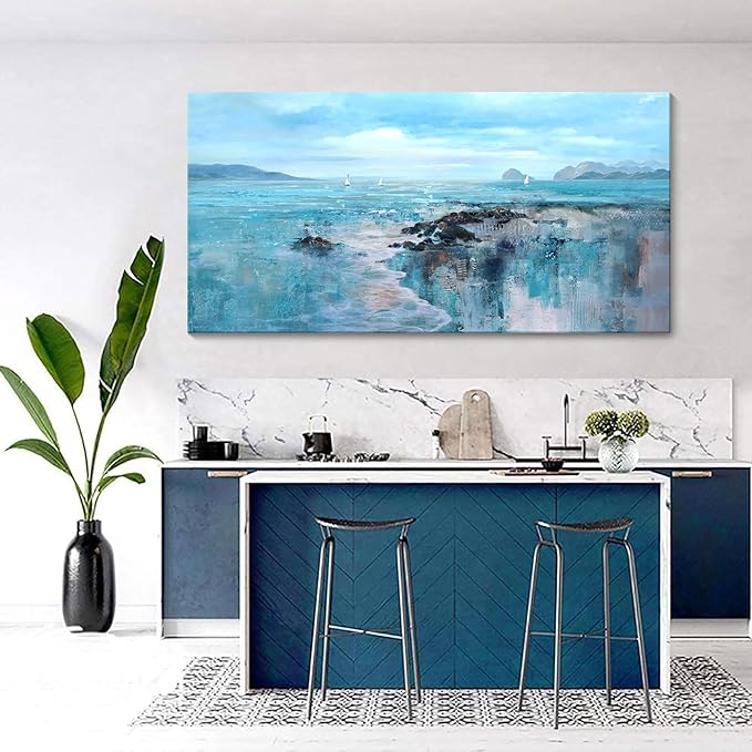YCPRIMER Large Beach Wall Art - Blue Coastal Canvas Painting Decoration Ocean Ladscape Wall Decor Picture Artwork for Living Room,Bedroom,Office Size 24×48 Inches