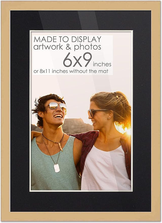 6x9 Frame Natural Wood with Black Mat | 8x11 Frame Matted to 6x9 | Display Your Artwork Under UV Acrylic Shatter Guard Front, with Foam Board Backing and Wall Hanging Hardware - Gallery Frame