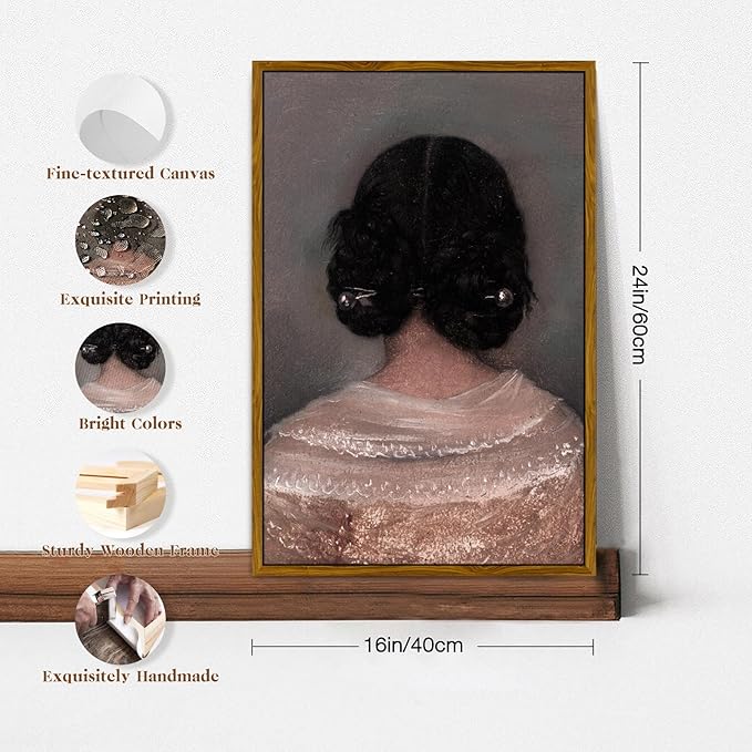 crmotu Vintage Framed Wall Art, Woman Back Portrait Canvas Painting, Elegant Lady Retro Artwork Prints, Classical Aesthetic Pictures Wall Decor Living Room Bedroom Bathroom Home Office 16x24in