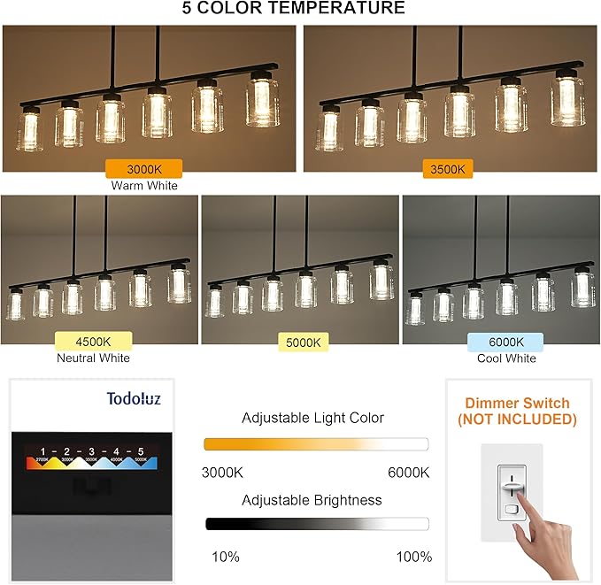 6-Lights 5CCT LED Black Kitchen Island Light LED Integrated Bulbs Included, Modern Linear Pendant Light Fixtures Hanging with Bubble Crystal LED & Clear Glass Shade