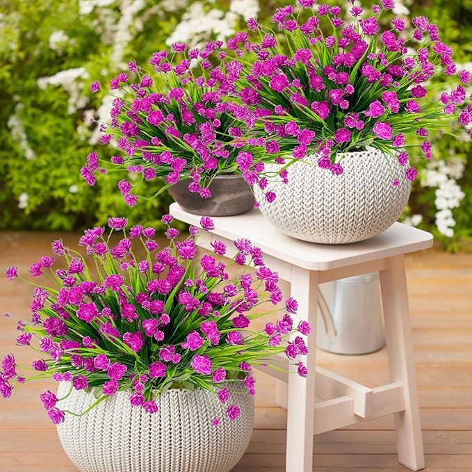 12 Bundles Artificial Flowers for Outdoors Summer Decor, Realistic UV Resistant Fake Plants Faux Plastic Flowers for Outside Planter Home Gardens Patio Porch Yard Spring Cemetery Decor(Magenta)