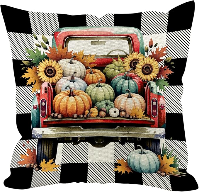 Fall Pumpkin Pillow Covers 18x18 inch Set of 4, Linen Autumn Outdoor Thanksgiving Harvest Farmhouse Buffalo Check Truck Orange Decorations for Sofa Couch