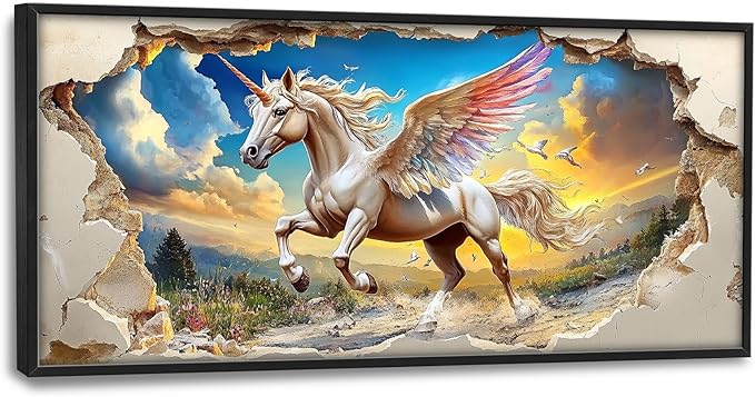 Framed Large Wall Art for Living Room, Unicorn Canvas Wall Decor, Large White Horse Pictures Framed Painting, Natural Landscape Artwork for Bedroom Office Home Decor 60L'' × 30W''