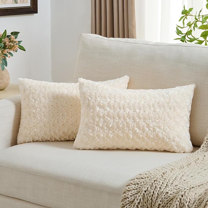 FUTEI Cream White Decorative Throw Pillow Covers 12x20 Inch Set of 2,Soft Solid Rose Textured Lumbar Pillow Case,Modern Home Decor for Couch Sofa Bed Living Room