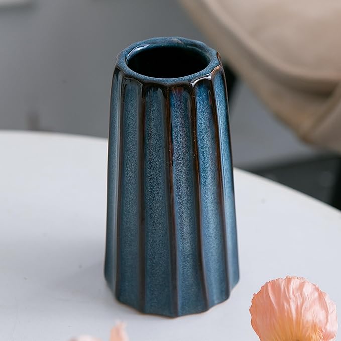 Blue Ceramic Vases - 3 Small Ribbed Vase for Flowers, Modern Minimalist Home Decor, Decorative Pottery Glazed Vase for Bookshelf, Fireplaces and Entryway Decor, Centerpieces for Dining Table