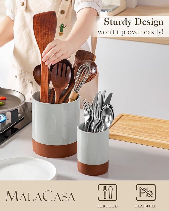 MALACASA Utensil Holder, 7.3"+5.5" Ceramic Kitchen Utensil Holder for Countertop, Large Cooking Utensil Crocks for Kitchen Counter, Farmhouse Utensils Organizer, Set of 2, Khaki Gray, Series TARA