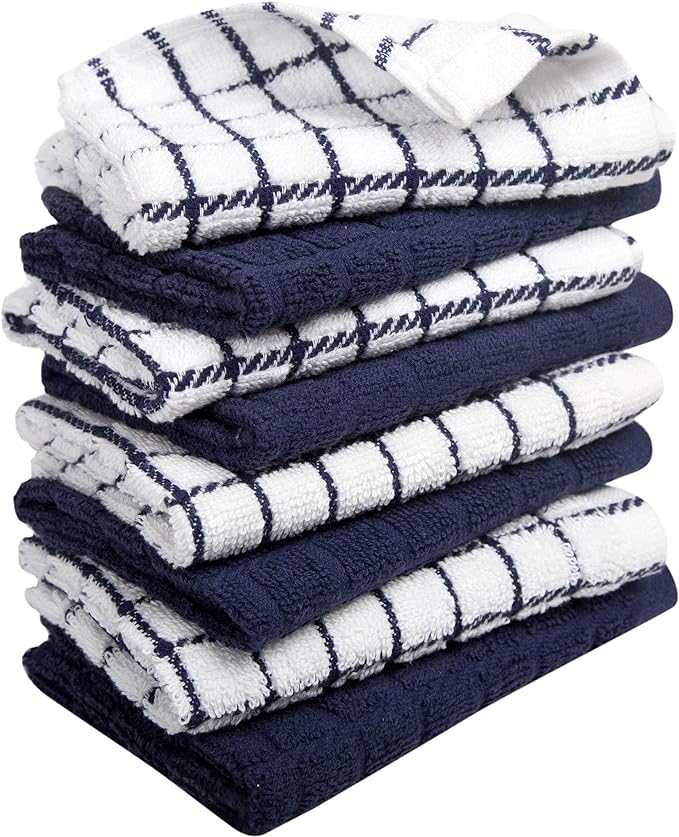 Bumble Dish Cloths (8 Pack) - 100% Cotton Dish Rags & Kitchen Washcloths for Washing Dishes | 12" x 12" | 405 GSM | Navy