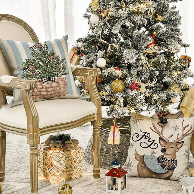 AVOIN colorlife Christmas Snowman Reindeer Gloves Eucalyptus Blue Throw Pillow Covers, 16 x 16 Inch Winter Holiday Stripes Cushion Case Decoration for Sofa Couch Set of 4