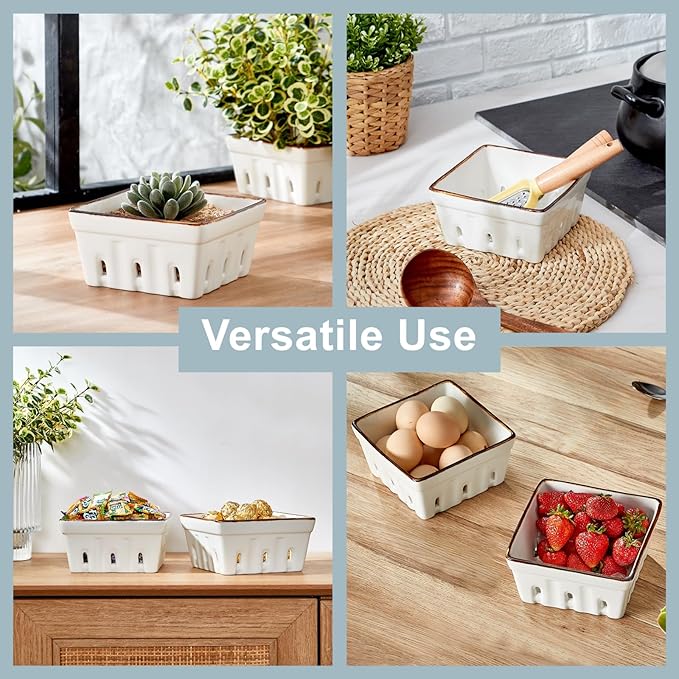 ONEMORE Ceramic Berry Basket Square Fruit Bowls with Holes Berry Bowl Colander Fruit Basket for Kitchen Décor - 5.8" Berry Containers for Fridge, Set of 2, Cream White