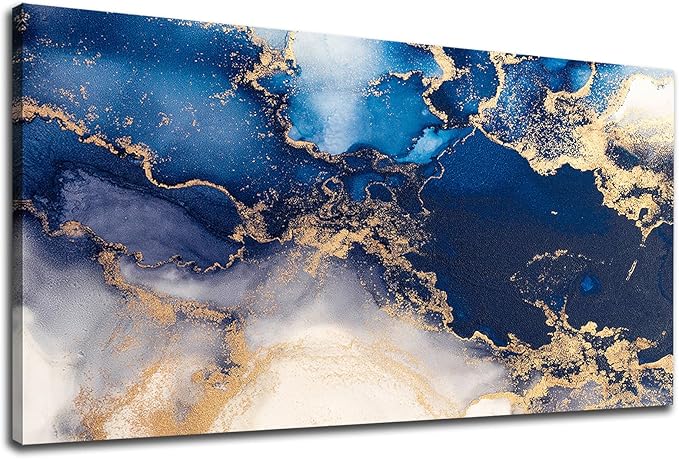 NINEASO Blue Quasi-Gold Wall Art - Deep Blue Ocean Pictures for Home Decor Modern Elegance Canvas Print Wall Decor Vast Ocean from Above Abstract Artwork for Living Room Bedroom 20" x 40"