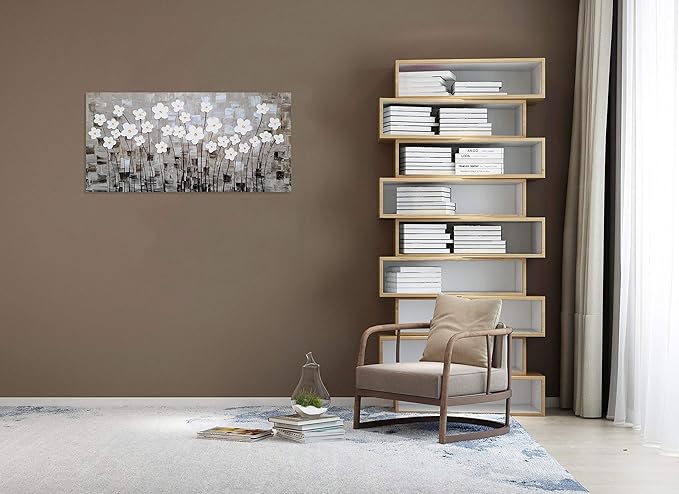 Yihui Arts Flower Canvas Wall Art Hand Painted Large 3D Grey and White Painting Modern Abstract Aesthetic Pictures Artwork for Living Room Bedroom Kithchen Decoration