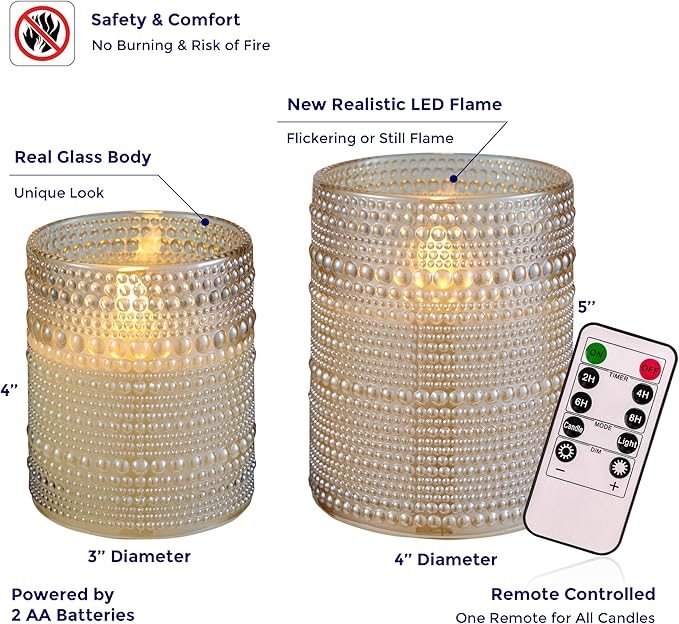 VENTA Flickering Flameless Candles With Remote Control - Led Candles Battery Operated - Battery Operated Candle For Decoration Table, Timer & Dimmer Features, Set - 2Pcs (4",5") (Ivory Dotted Glass)