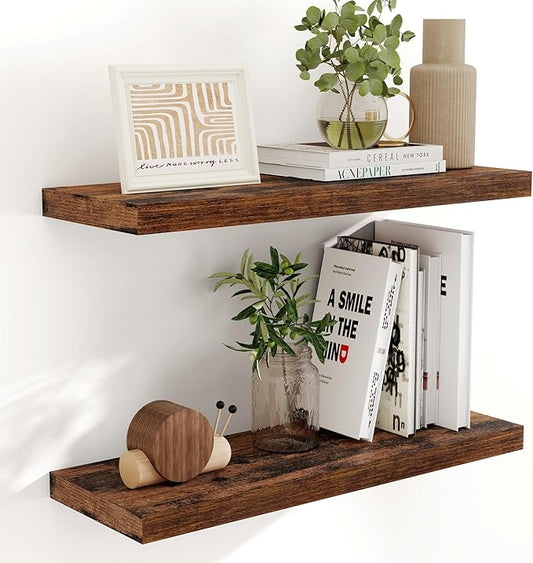Fun Memories 32 Inch Floating Shelves, Farmhouse Wood Floating Shelf Set of 2, 32 x 9.3 Floating Shelf Wall Mounted, Deep Storage Display Shelves for Kitchen, Bedroom, Living Room, Rustic Brown Color