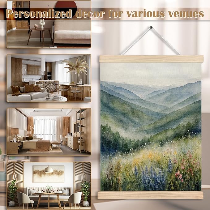 FITIE Green Mountains Forest Wall Art, Mountain Wall Decor, Rustic Farmhouse Forest Wall Art Decor, Watercolor Blue Ridge Mountains Wildflower Nature Landscape Canvas Wall Art Poster Hanger Frame, 12x16 Inches