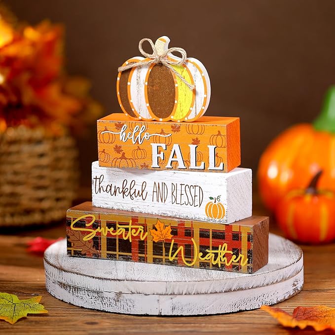 Geelin 4 Pcs Fall Decorations Autumn Wooden Sign Pumpkin Thanksgiving Maple Leaves Table Centerpiece Tiered Tray Decor Hello Fall Wood Blocks Tiered Tray Decor Table Top Sign for Home