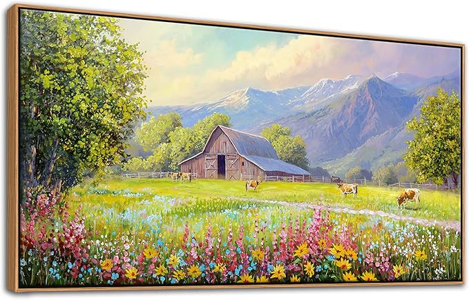 AJAZIKO Rustic Mountain Wall Art - Farmhouse Landscape Wall Decor with Highland Cow & Floral Art - Nature & Country Artwork for Living Room, Bedroom & Walls - Framed Flower Pictures for Home 20x40IN