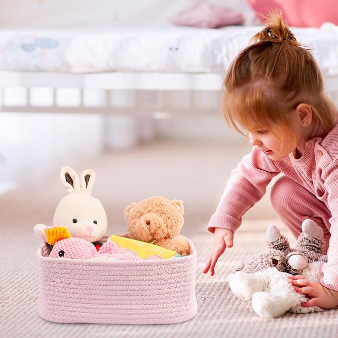 Small Woven Storage Baskets 12“X8”X5“ Decorative Rope Bins for Organizing Shelves, Closets, and Toys, Empty Gift Baskets, Cute Organizer Basket for Home and Office (pink, regular)