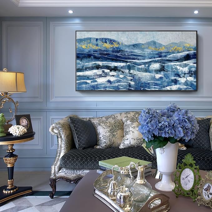 Framed Wall Art for Living Room Blue Black Yellow Abstract Mountain Peaks Canvas Print Sea Landscape Painting White Ocean Waves Textured Picture Modern Minimalist Seascape Coastal Artwork 30x60inch