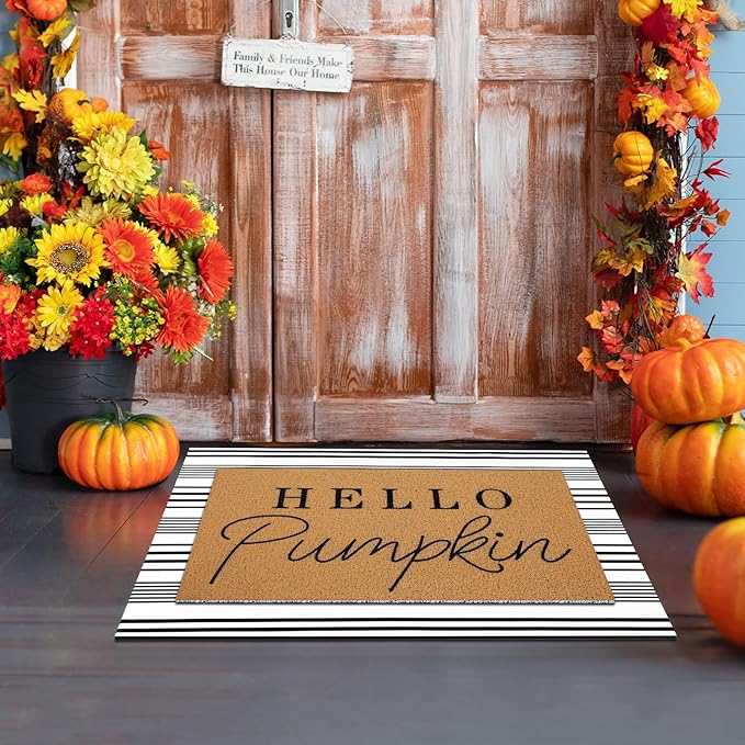 2 Pcs Fall Door Mat Hello Pumpkin Welcome Non Slip Coir Mats Thanksgiving Black White Stripe Harvest Floor Layering Doormats Seasonal for Front Porch Entryway Decor(Hello Pumpkin)