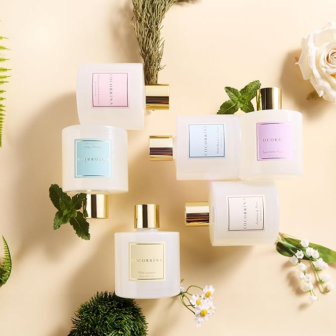 COCORRÍNA Reed Diffuser - Jasmine & Mint 6.7 Fl.oz Reed Diffuser Set with Sticks & Preserved Baby's Breath, Reed Diffuser for Home Bathroom Shelf Decor