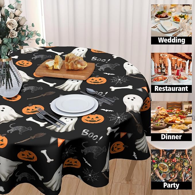 Kawani Halloween Tablecloth Round 60 Inch Scary Pumpkin Ghost Round Table Cover Halloween Table Cloth Fall Circular Washable Polyester Tabletop Decor for Home Kitchen Dining Room Banquet Picnic Party