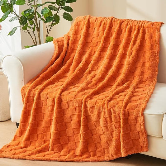 NEWCOSPLAY Super Soft Twin Blanket Orange Premium Silky Flannel Fleece 3D Checkered Lightweight Bed Blanket All Season Use (Orange Checkered, Twin(60"x80"))