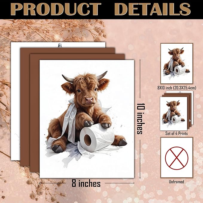 FITIE Funny Cow Bathroom Wall Art Posters Set of 4, Cow Bathroom Decor, Humorous Cute Bathing Fluffy Heifer Toilet Canvas Prints Artwork Wall Decor for Bath Room Washroom, 8x10 Unframed