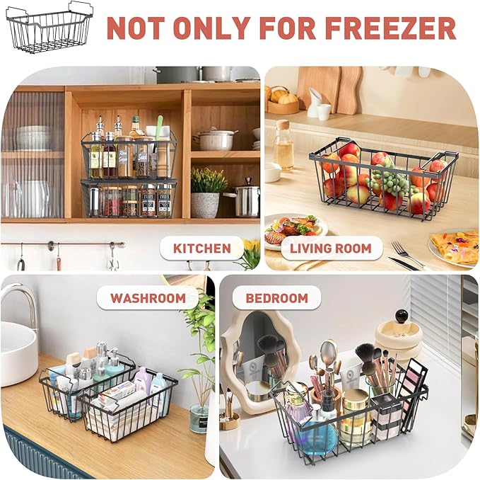 Goovilla Freezer Organizer Bins with Foldable Handle, 4 Pack Stackable Freezer Baskets for 3.5-7 Cu.FT Deep Chest Freezer Organization, Coated Metal Freezer Storage Bins with Better Space Utilization